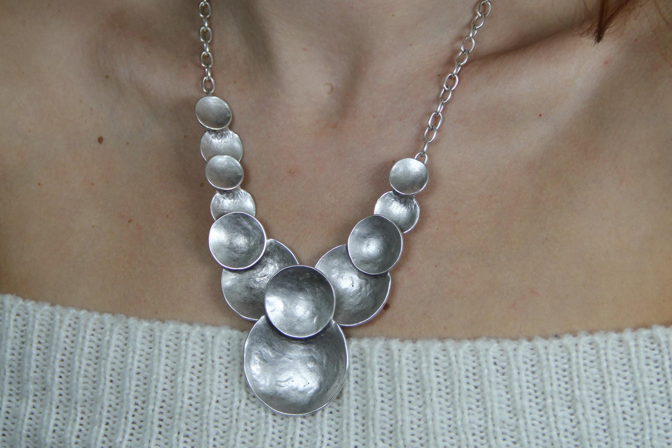 Handmade Silver Statement Necklace for Women – Bold Geometric Circle Pendant, Chic Chain Jewelry, Holiday Gift Idea