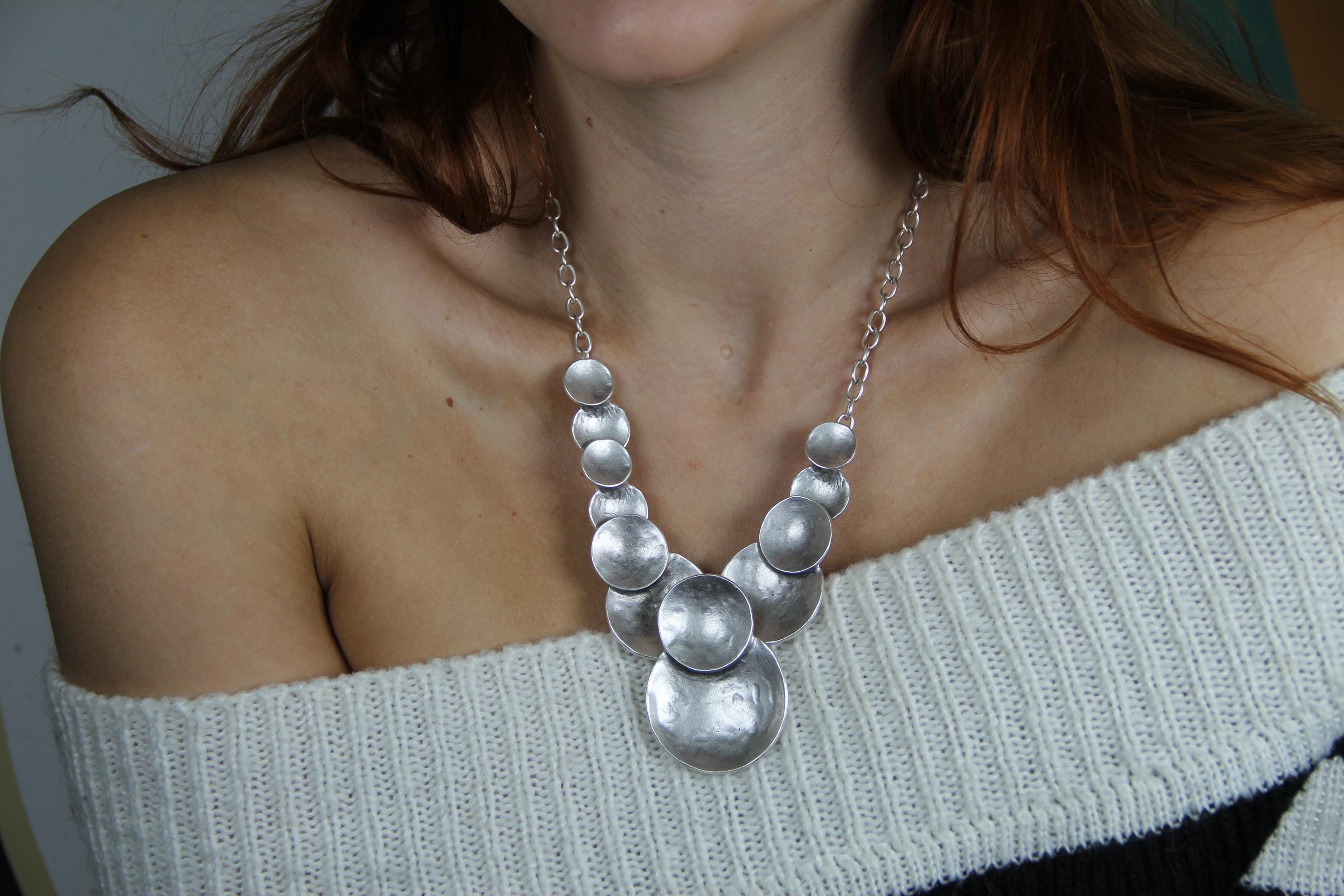 Handmade Silver Statement Necklace for Women – Bold Geometric Circle Pendant, Chic Chain Jewelry, Holiday Gift Idea