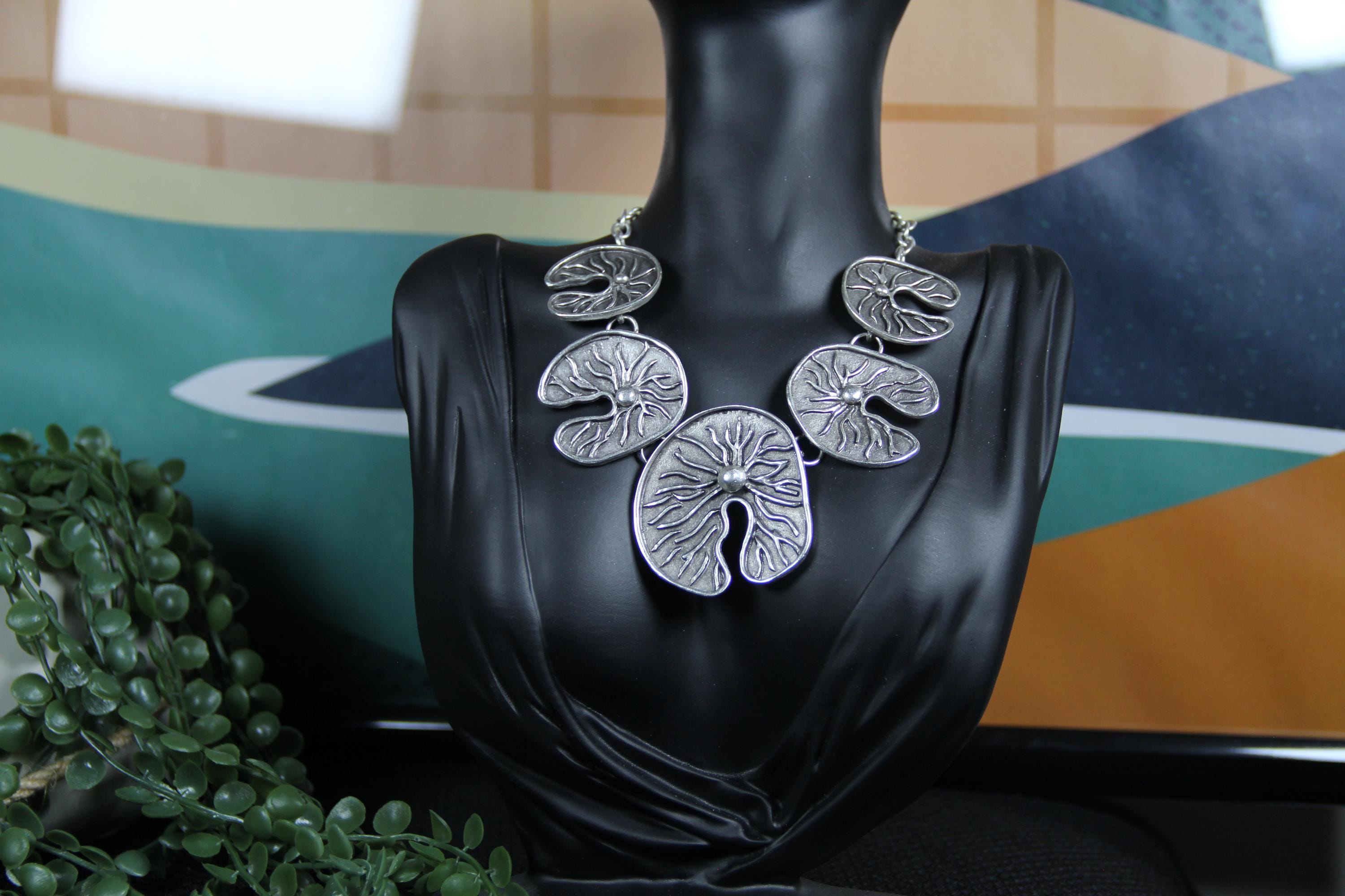 Unique Handmade Silver Lily Pad Statement Necklace – Boho Chic Jewelry