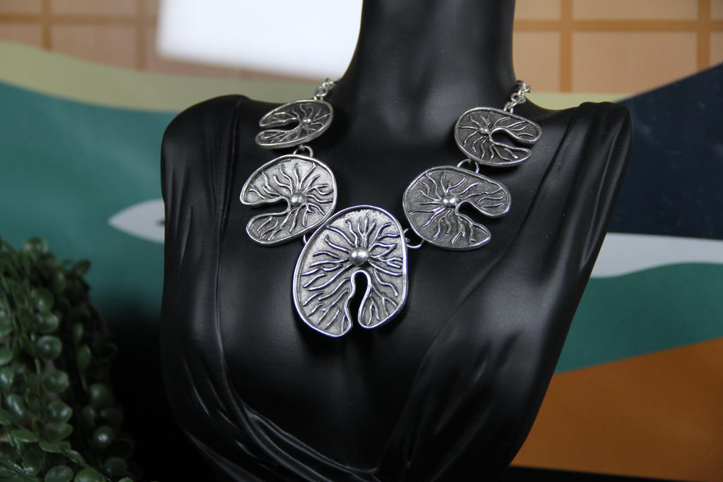 Unique Handmade Silver Lily Pad Statement Necklace – Boho Chic Jewelry