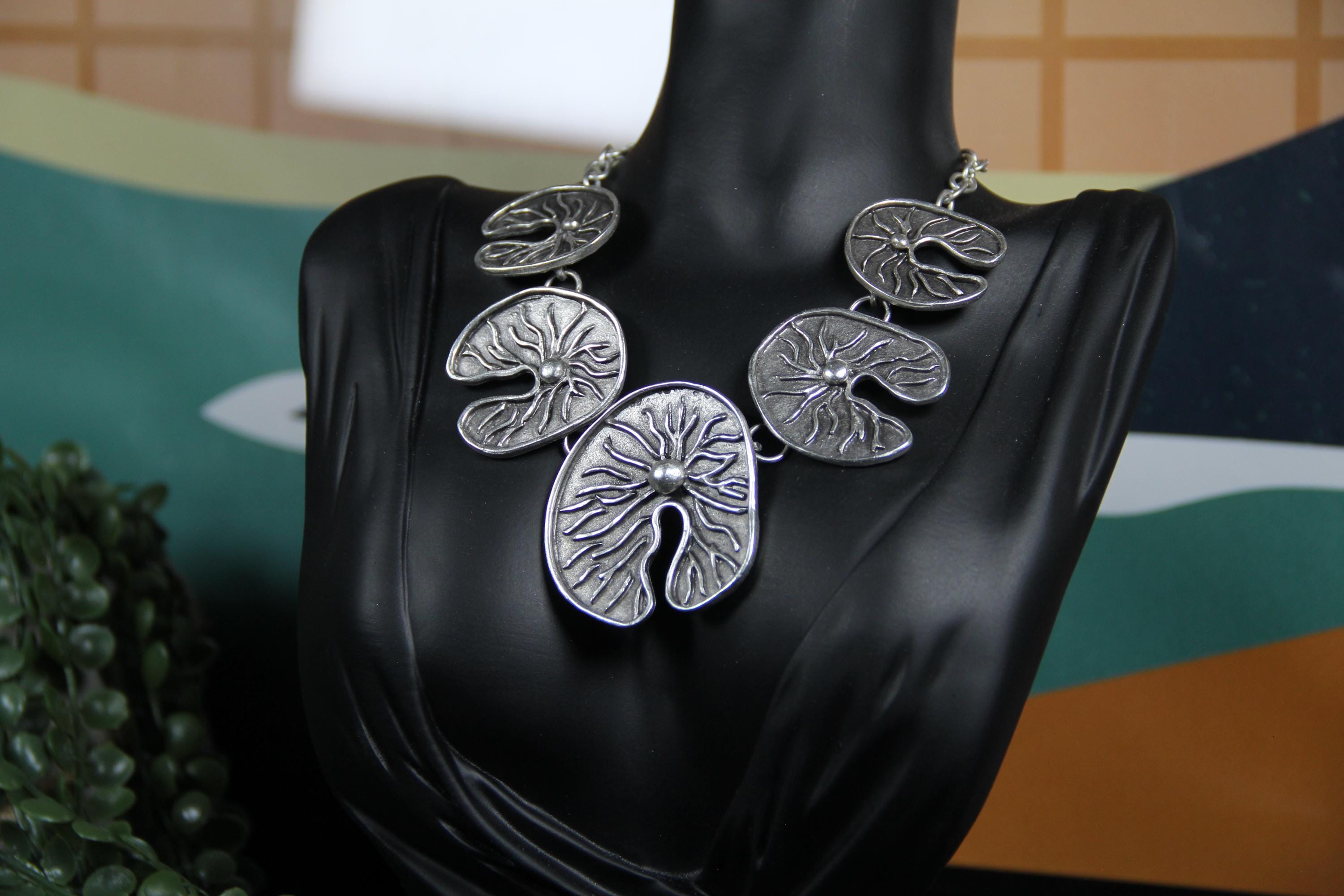 Unique Handmade Silver Lily Pad Statement Necklace – Boho Chic Jewelry