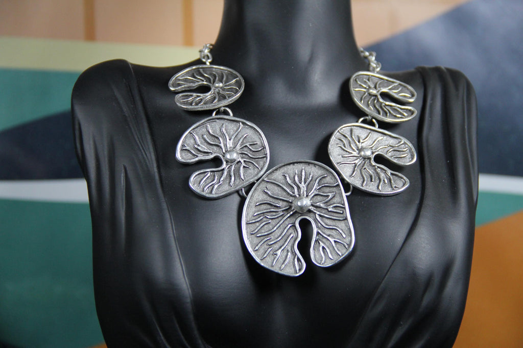 Unique Handmade Silver Lily Pad Statement Necklace – Boho Chic Jewelry