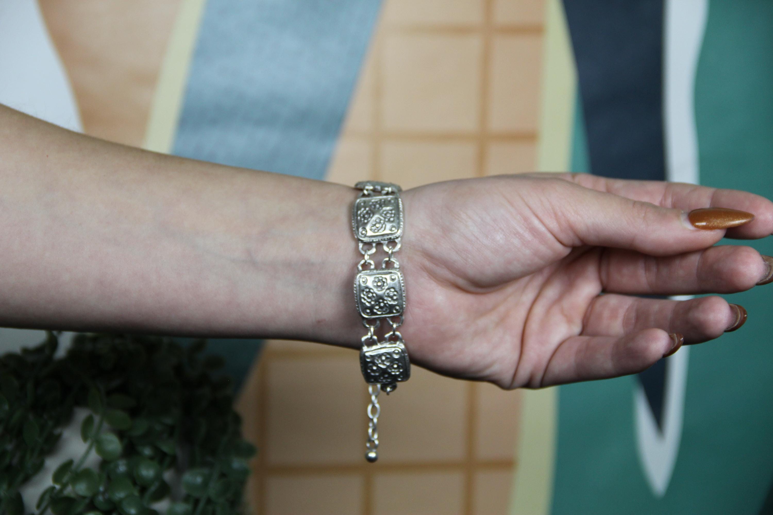 Thin Silver Engraved Flower Bracelet