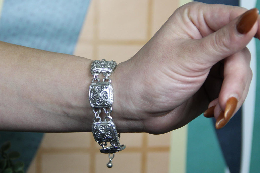 Thin Silver Engraved Flower Bracelet