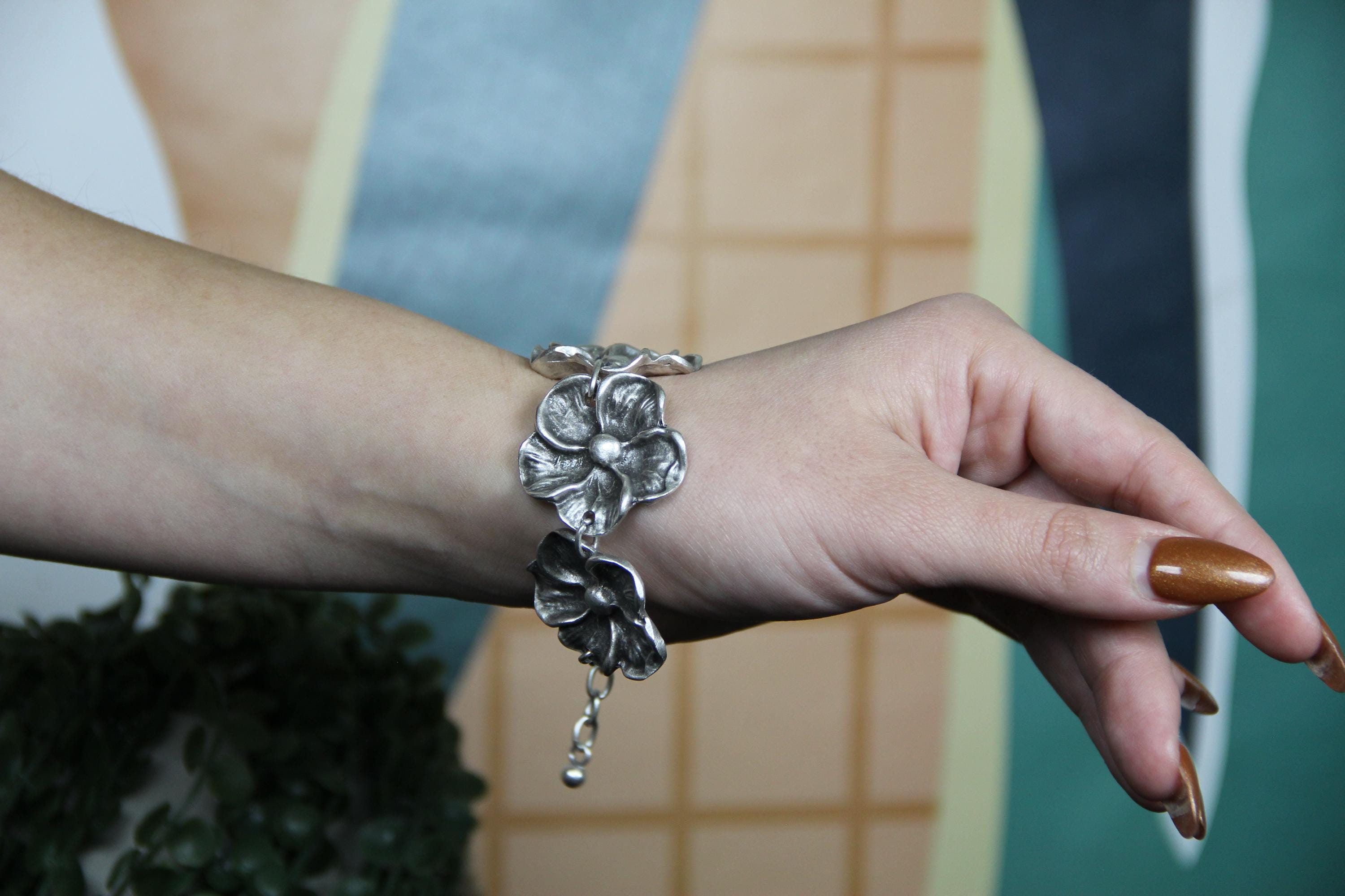 Cuff Silver Adjustable Flower Bracelet