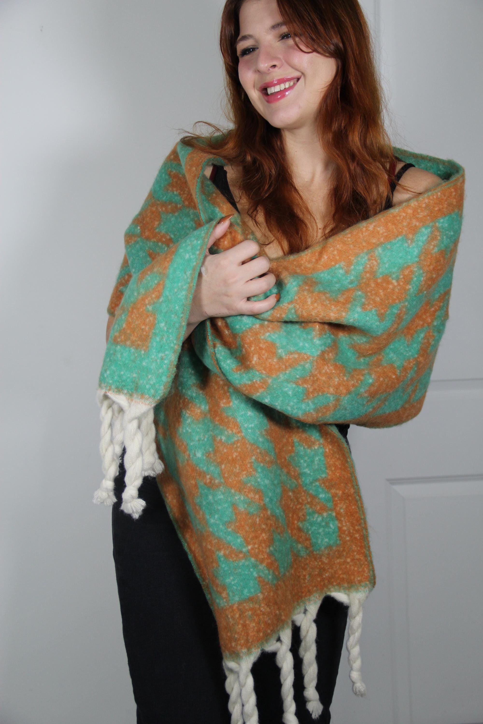 Large Green Orange Houndstooth Pattern Blanket Scarf