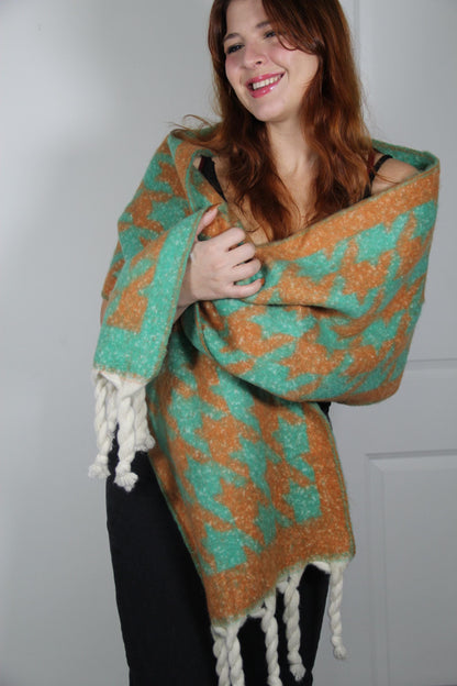 Large Green Orange Houndstooth Pattern Blanket Scarf