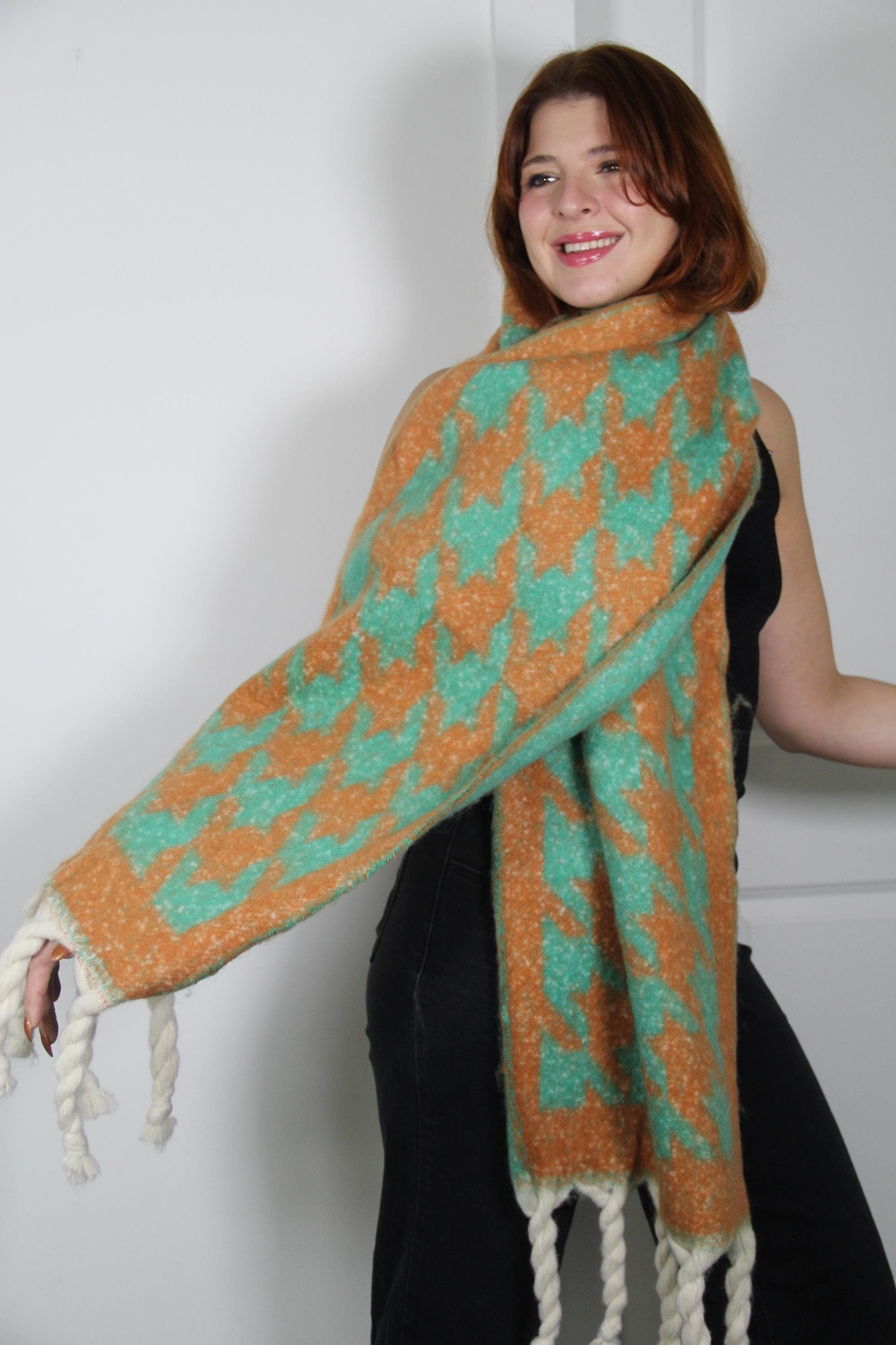 Large Green Orange Houndstooth Pattern Blanket Scarf