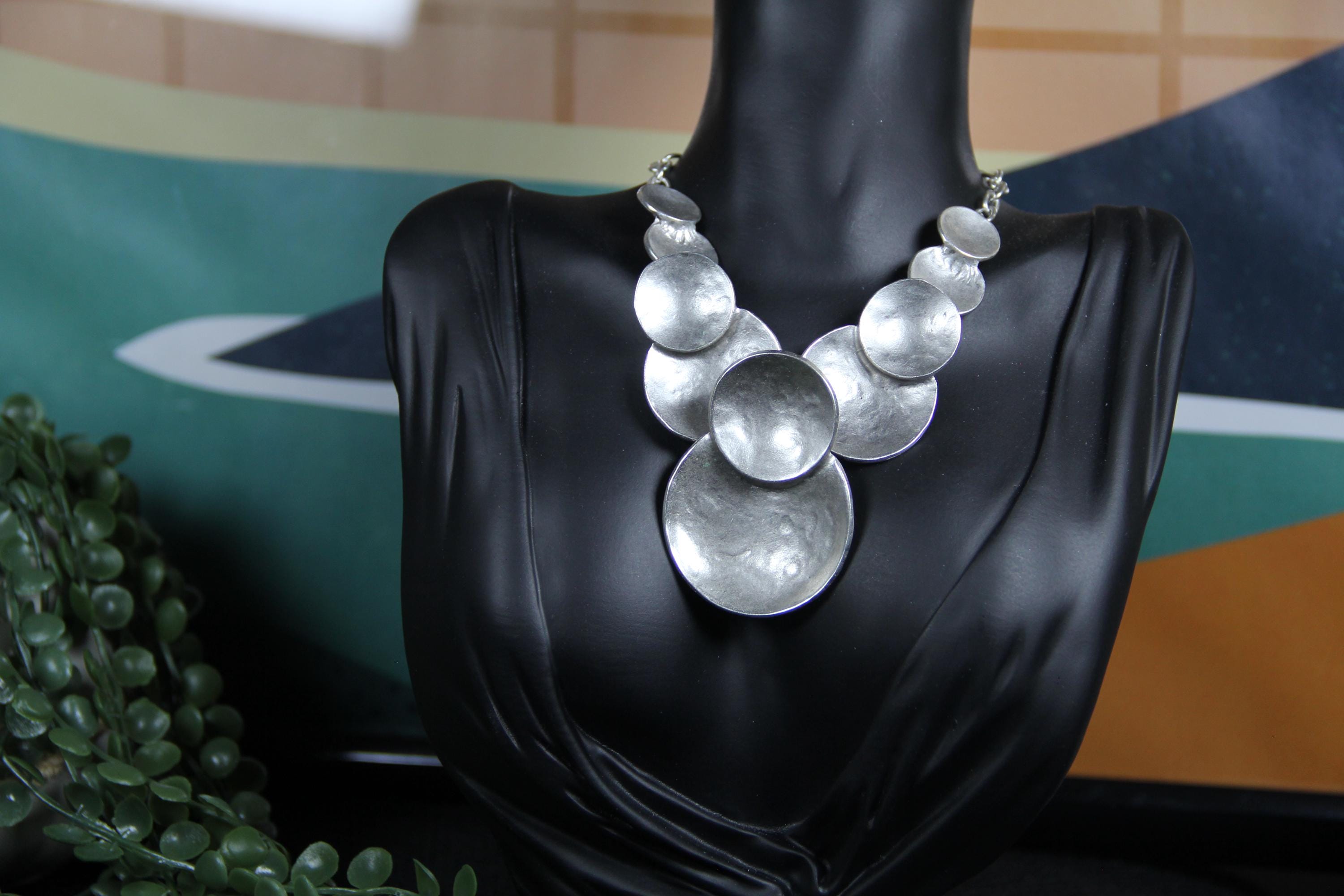 Handmade Silver Statement Necklace for Women – Bold Geometric Circle Pendant, Chic Chain Jewelry, Holiday Gift Idea