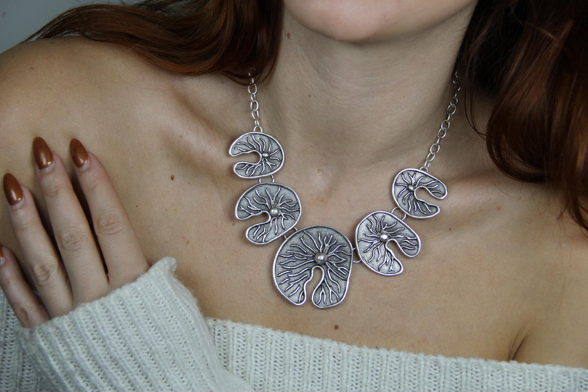 Unique Handmade Silver Lily Pad Statement Necklace – Boho Chic Jewelry