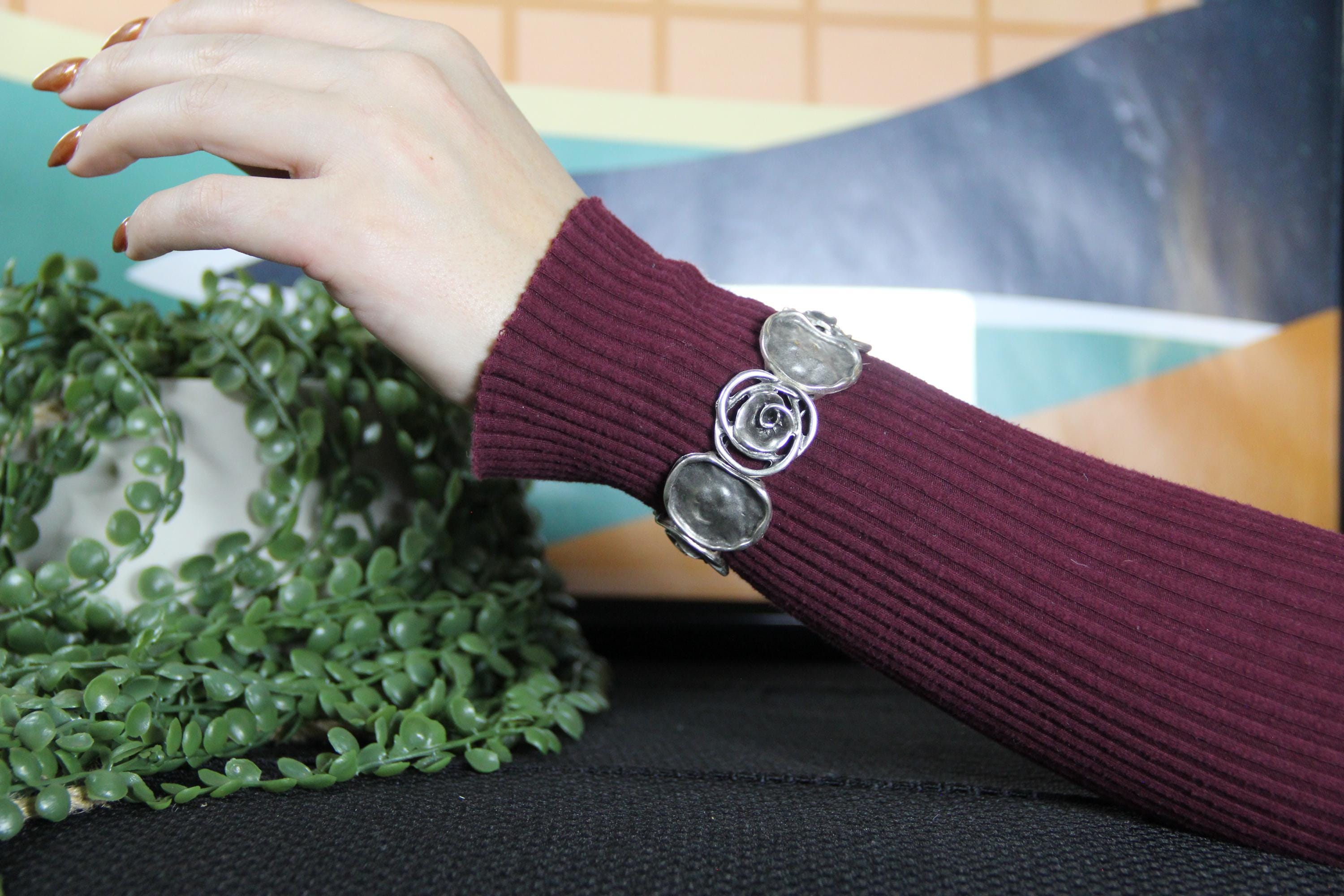 Cuff Slip On Silver Rose Bracelet