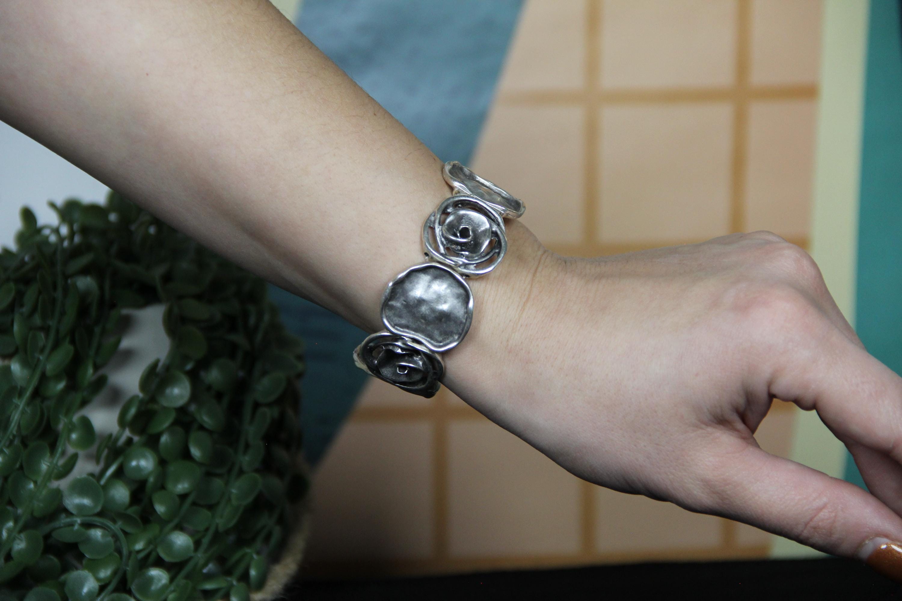Cuff Slip On Silver Rose Bracelet