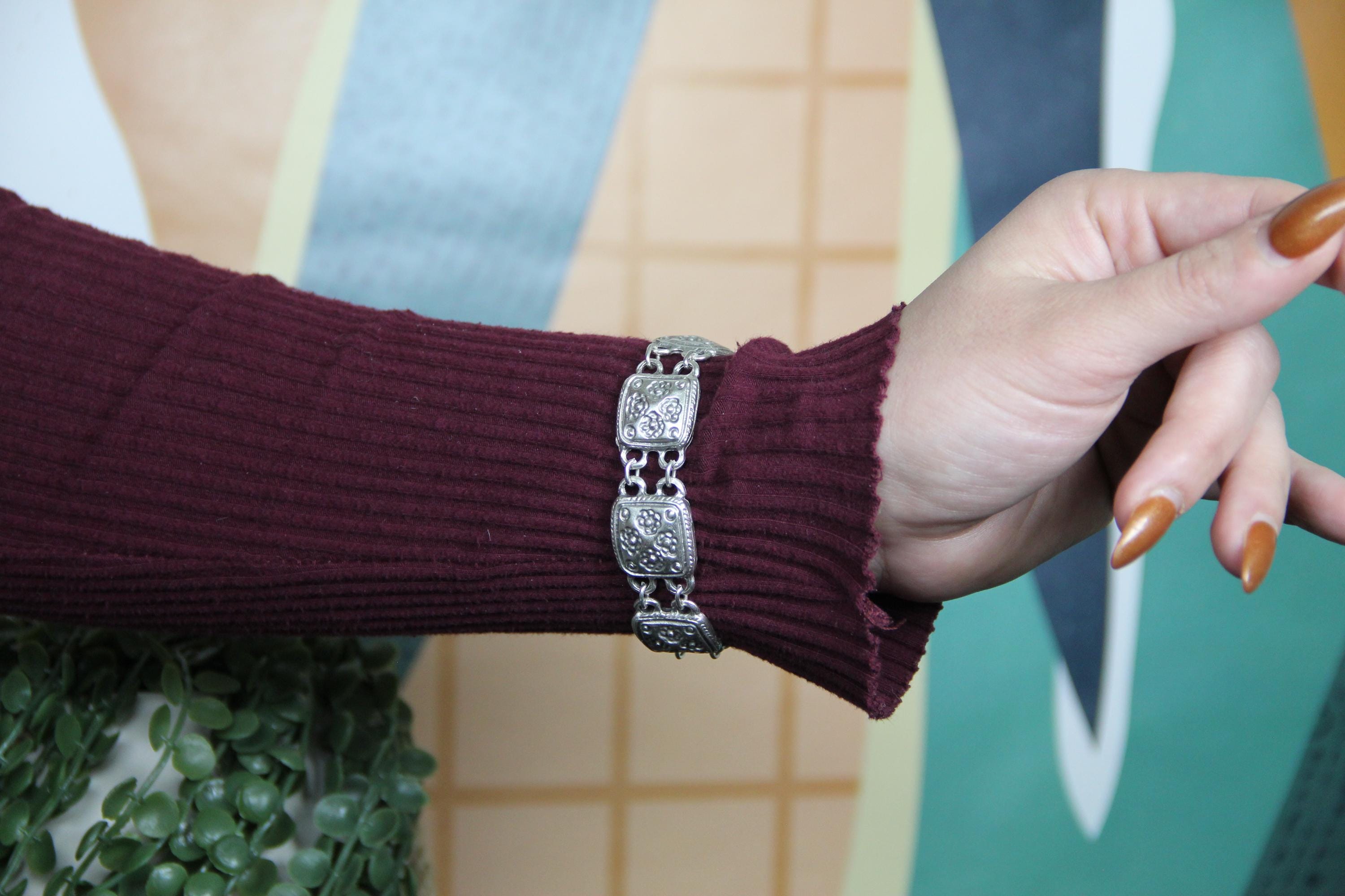 Thin Silver Engraved Flower Bracelet