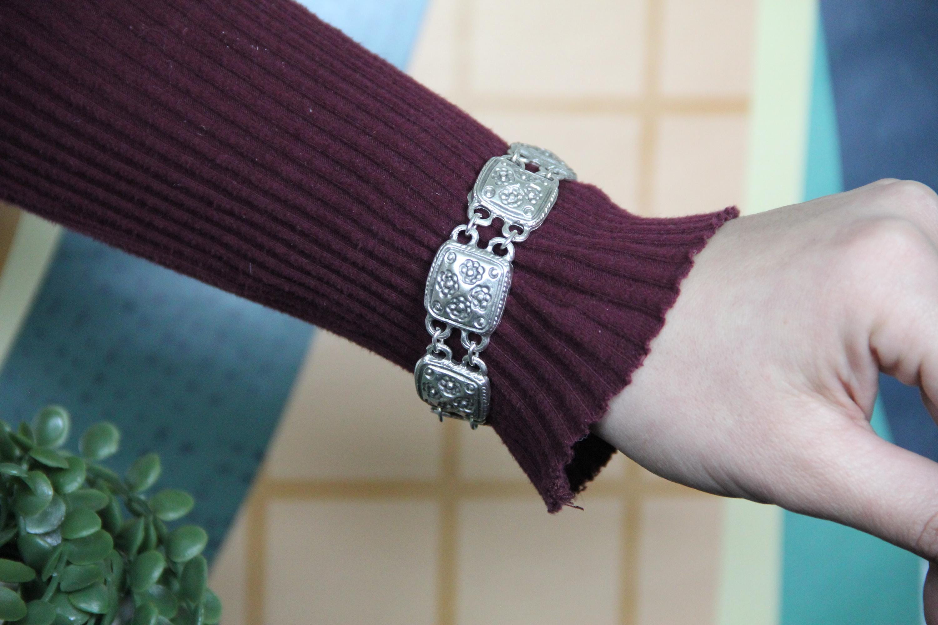 Thin Silver Engraved Flower Bracelet