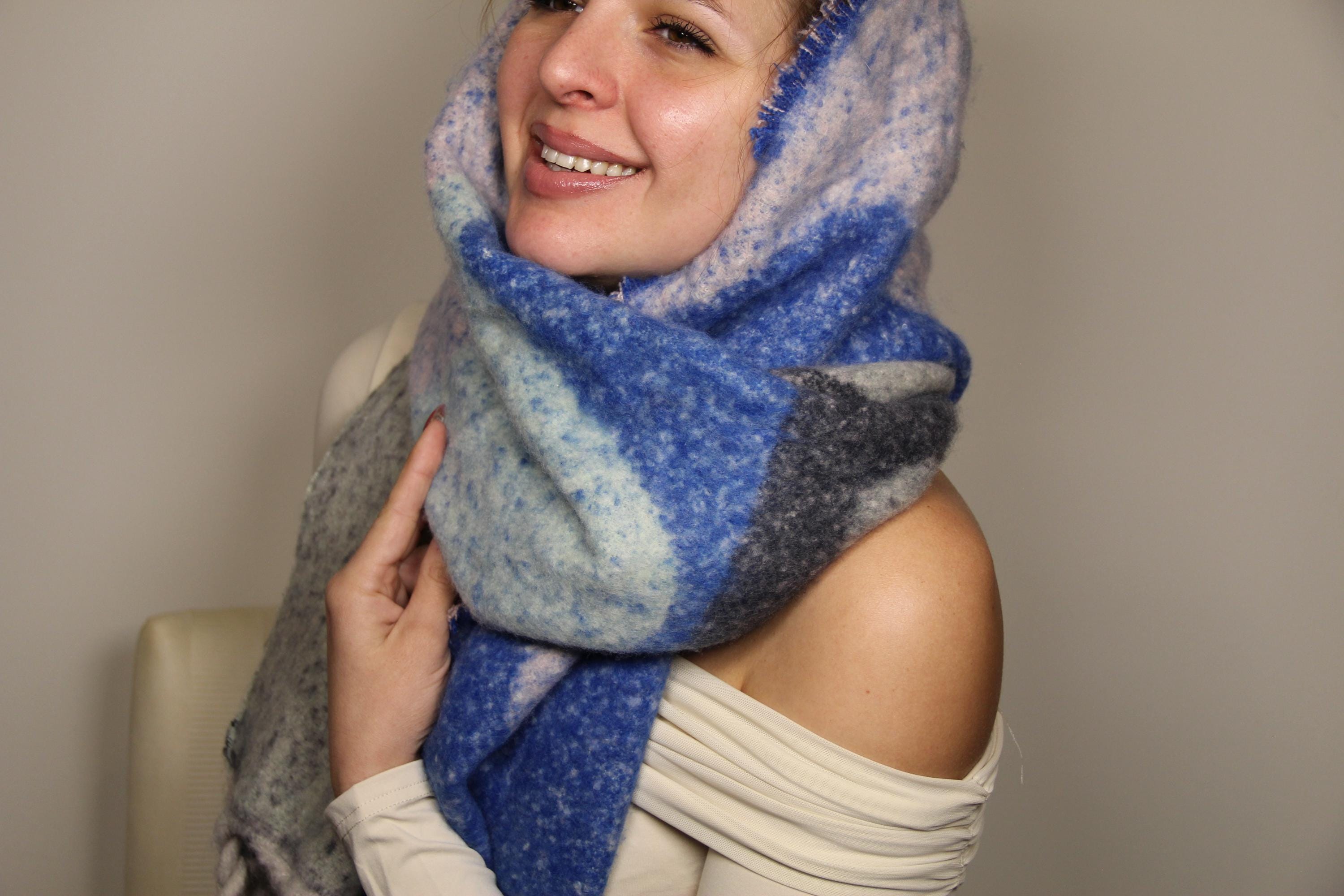 Blue Color Block Large Chic Style Blanket Scarf