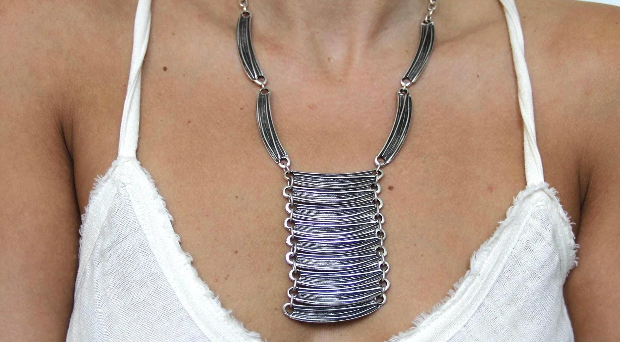 Long Silver Statement Necklace – Bold Drop Pendant, Boho Jewelry for Women