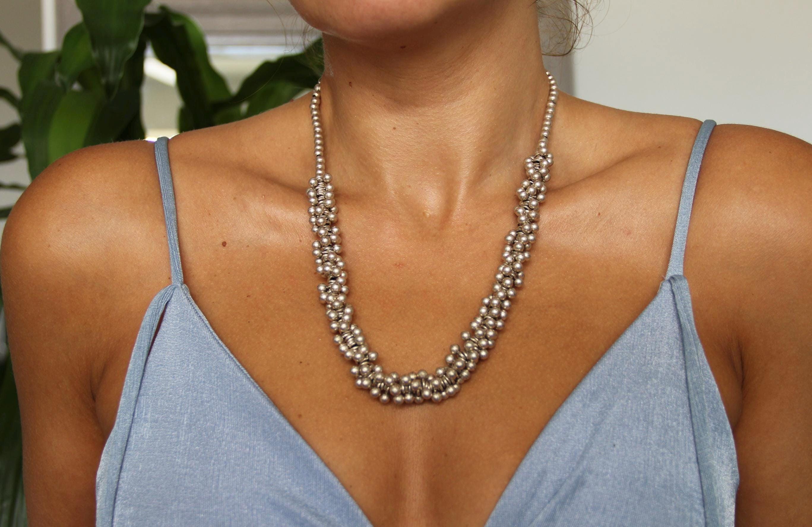 Chic Silver Beaded Statement Necklace – Unique Handmade Jewelry, Gift Idea for Her, Work or Vacation Accessory