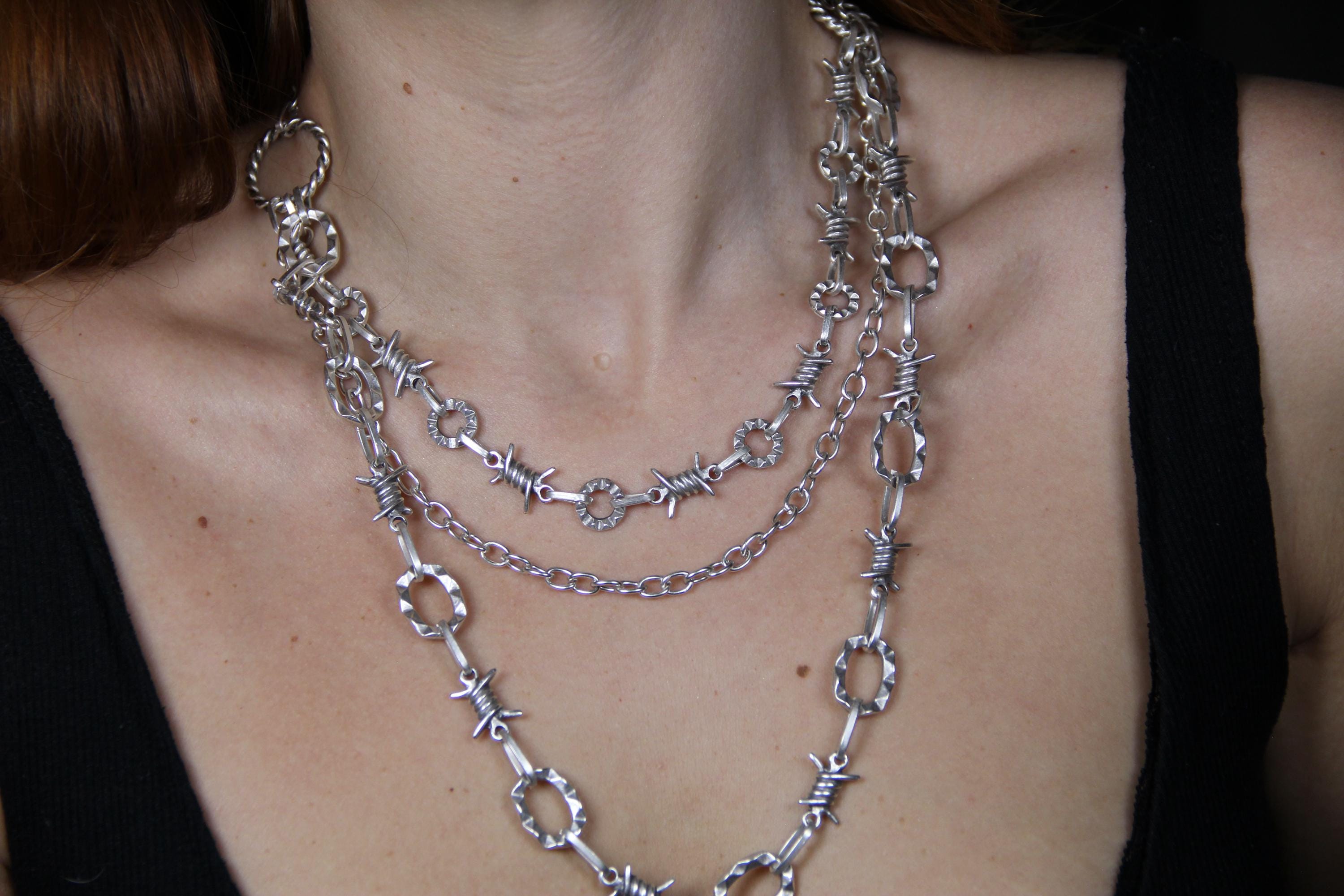 Layered Chunky Silver Chain Necklace – Unique Handmade Statement Jewelry Gothic Style Wire Jewelry