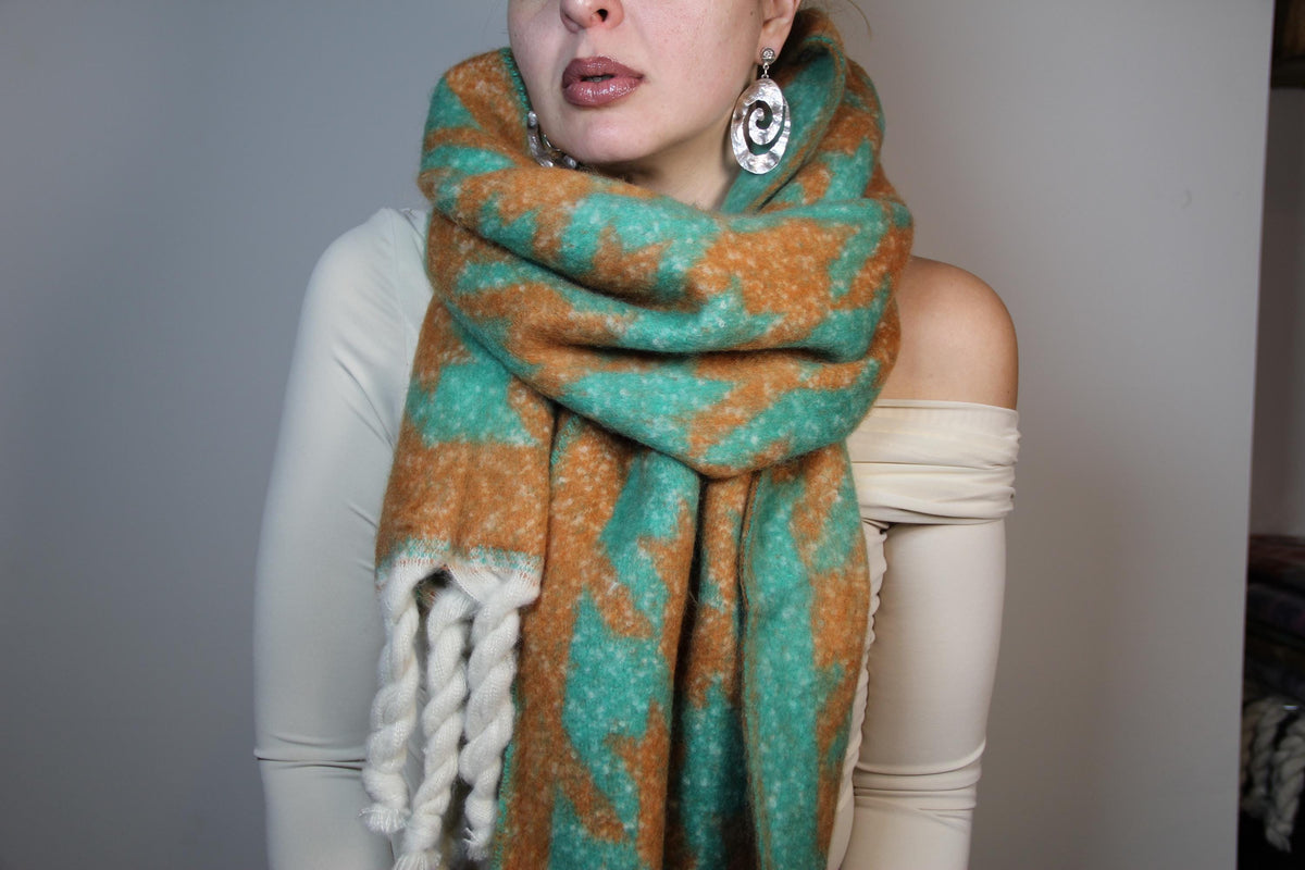 Large Green Orange Houndstooth Pattern Blanket Scarf