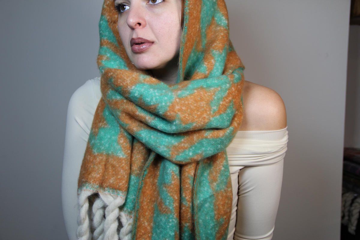 Large Green Orange Houndstooth Pattern Blanket Scarf