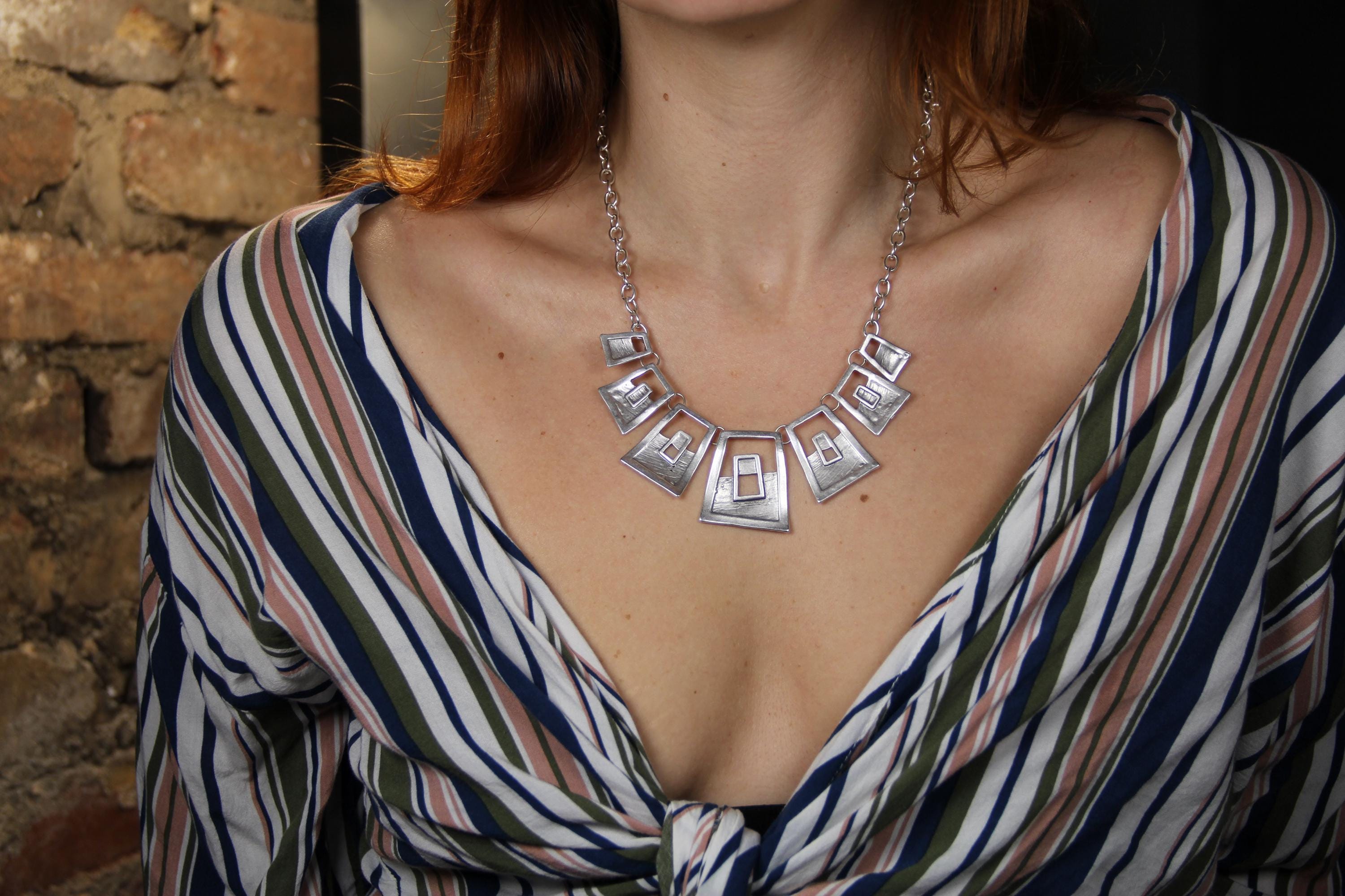 Geometric Silver Statement Necklace – Unique Modern Jewelry, Chic Accessory for Women